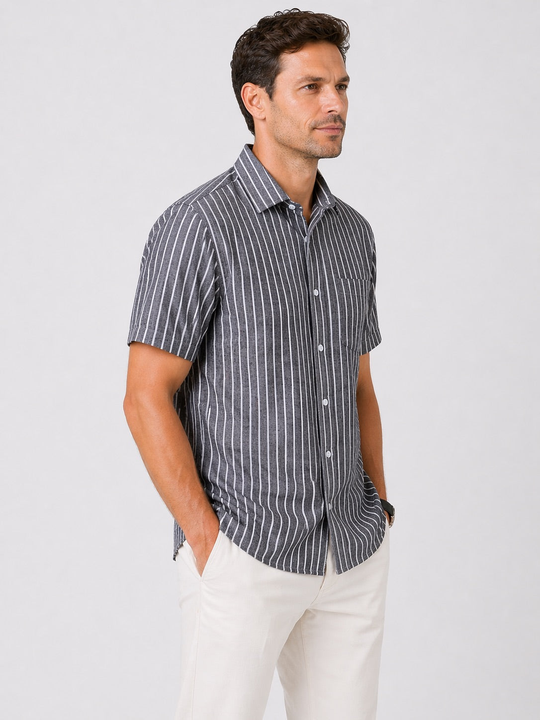 Men’s Grey Striped Shirt Linen Cotton Blend Slim Fit Semi Casual Half Sleeve Shirt | MARK & ALBERT