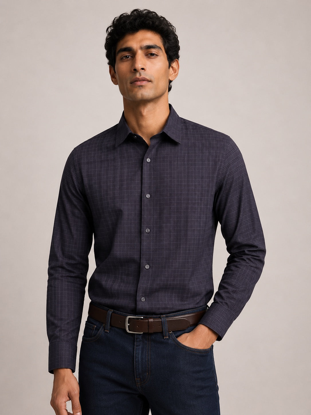 Men's Grey Checkered Slim Fit 100% Cotton Shirt | MARK & ALBERT