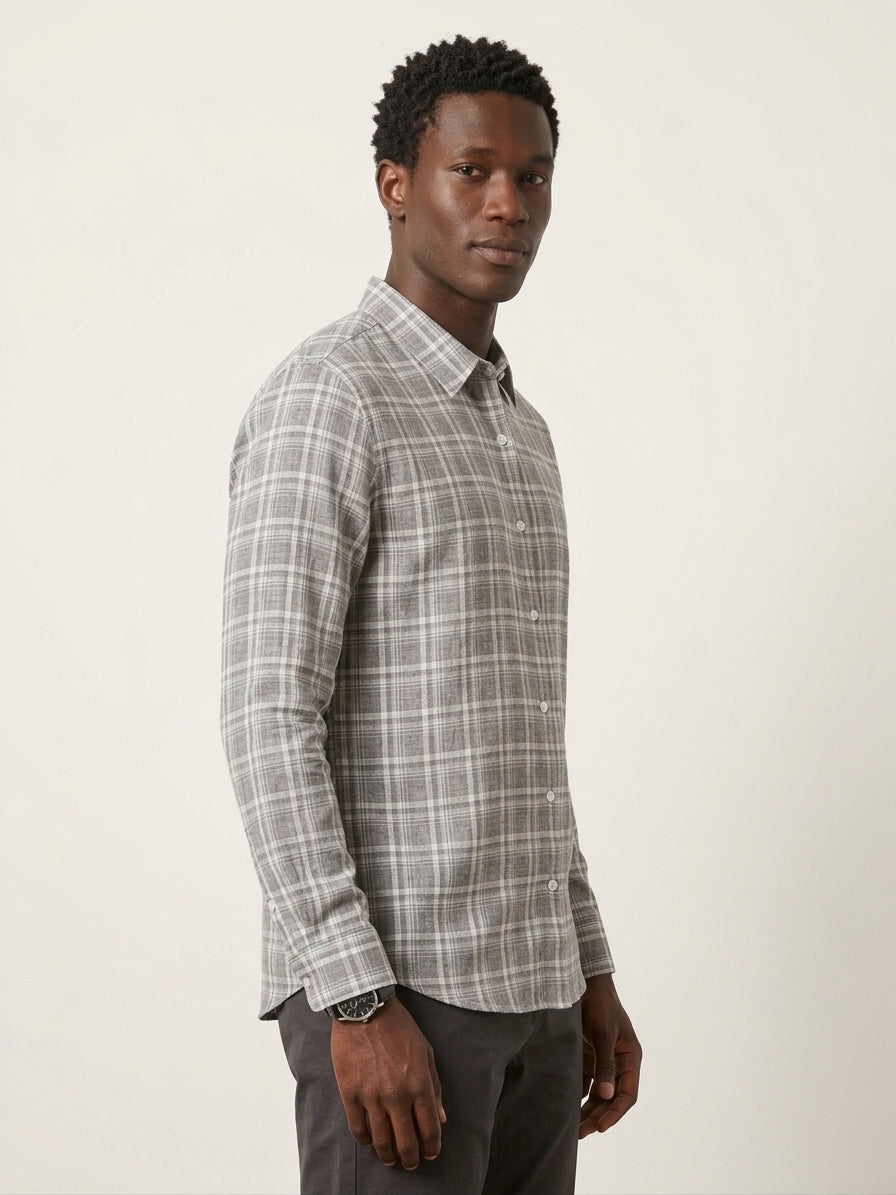 Grey Checks Cotton Linen Slim Fit Casual Shirt