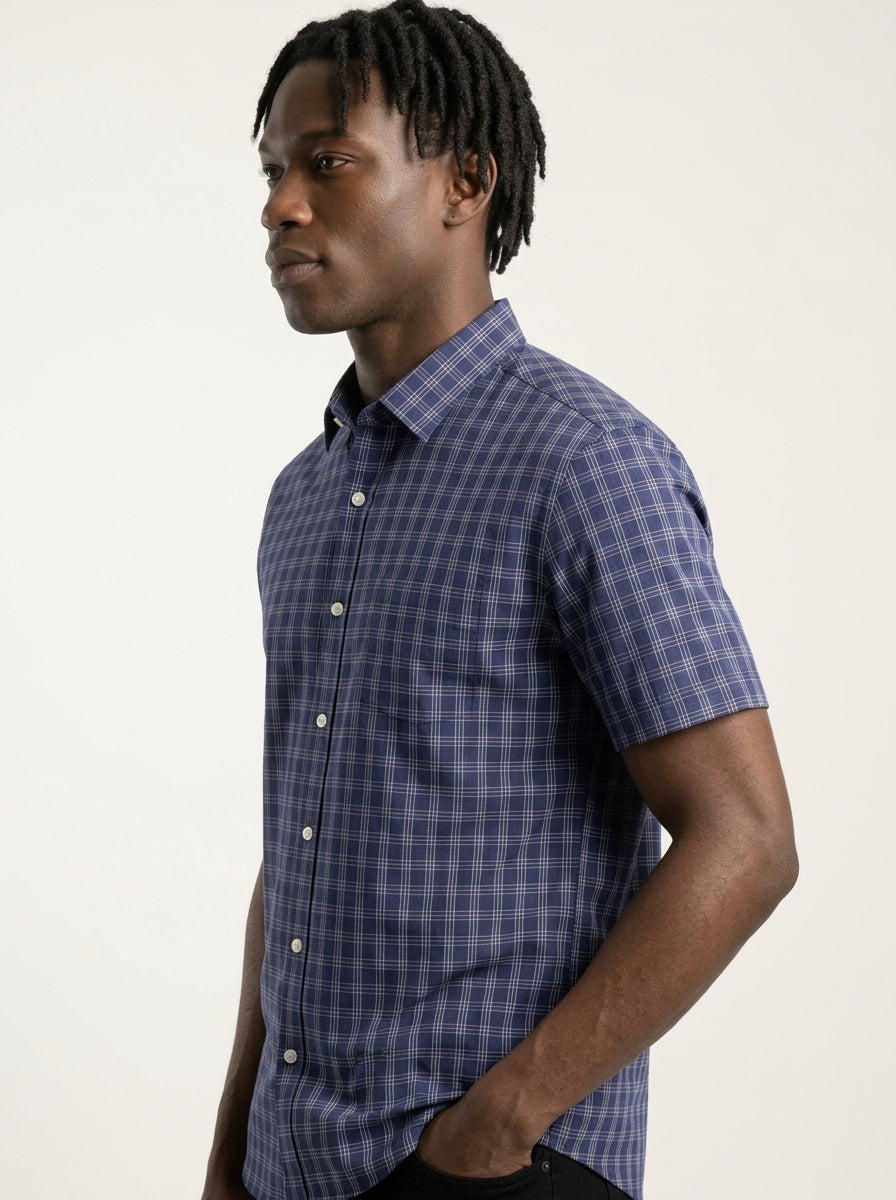 Blue Check Cotton Blend Regular Fit Half Sleeve Shirt
