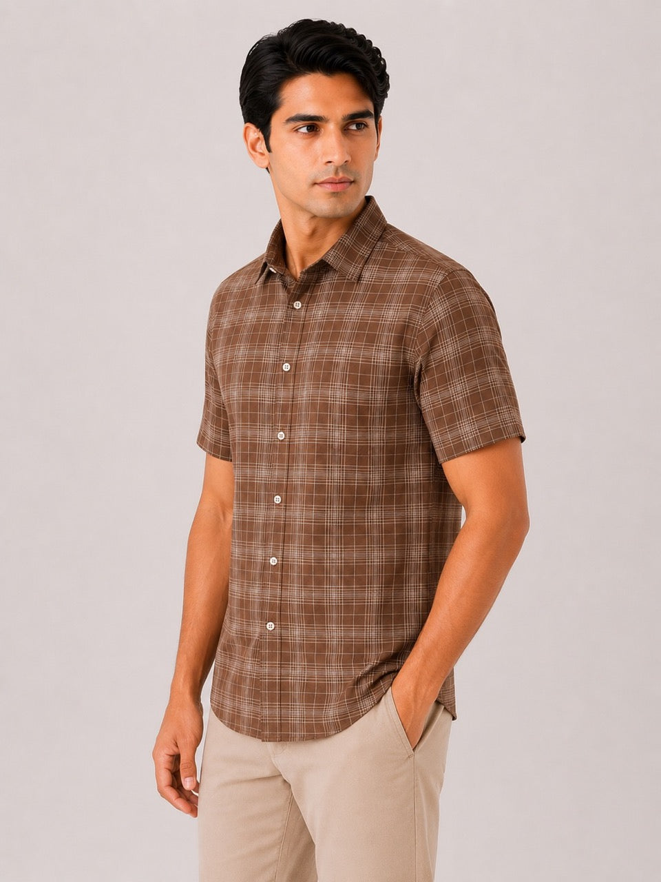 Men's Brown Check Cotton Regular Fit Half Sleeve Formal Shirt | MARK & ALBERT