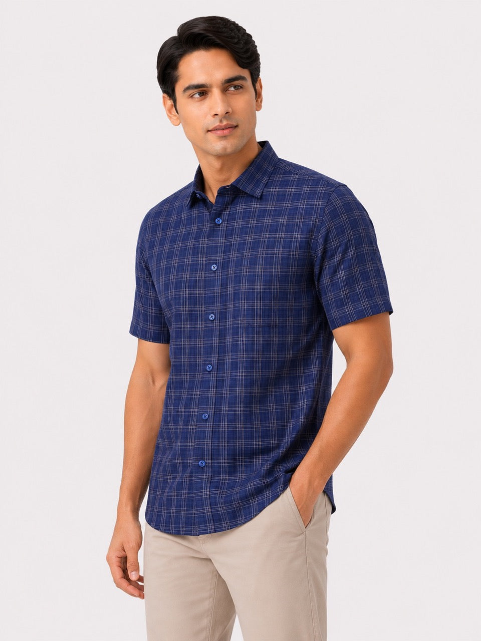 Men's Blue Check Cotton Regular Fit Half Sleeve Formal Shirt | MARK & ALBERT
