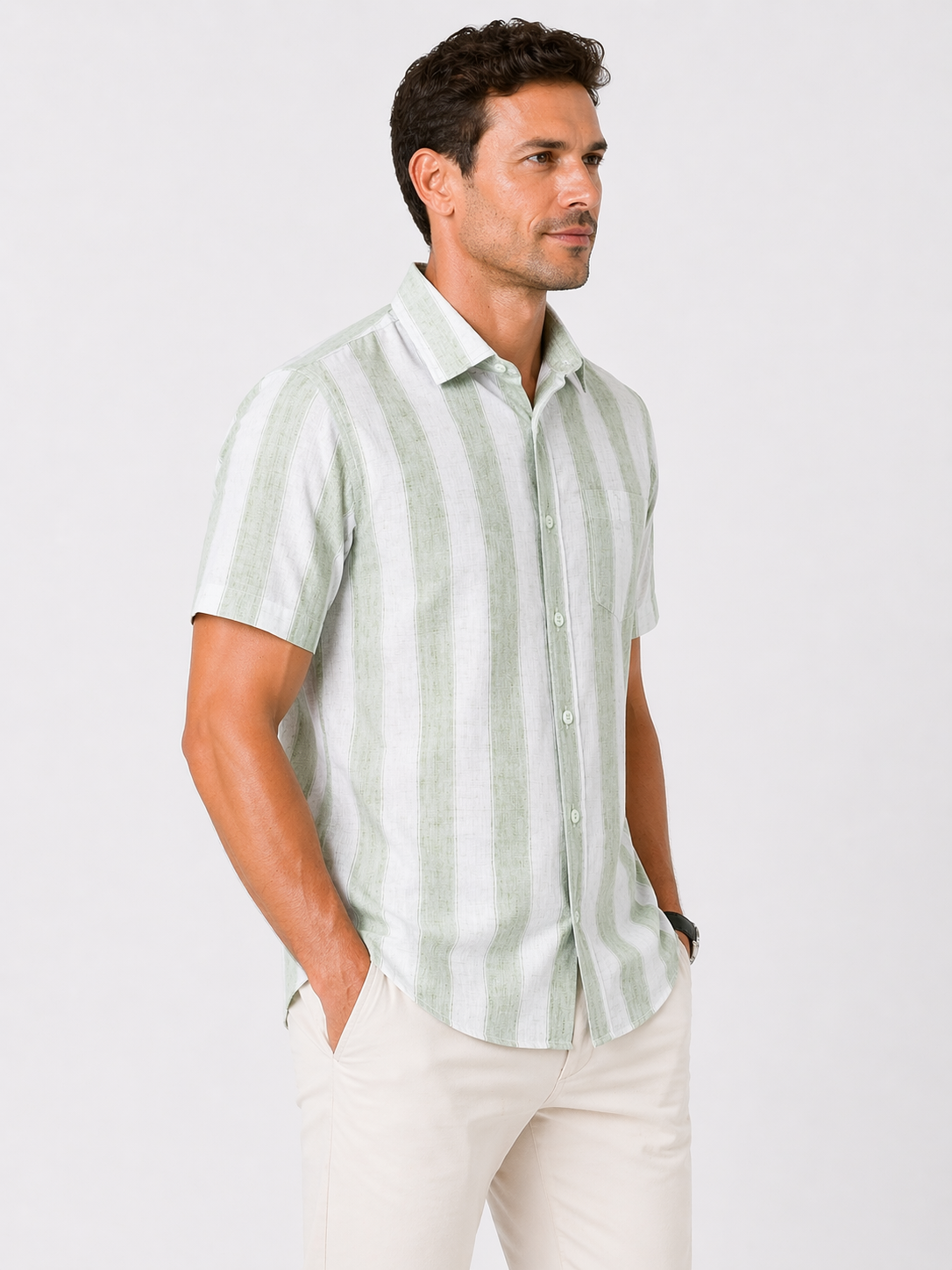 Men’s Sage Green Striped Linen Cotton Slim Fit Half Sleeve Semi Casual Shirt | MARK & ALBERT