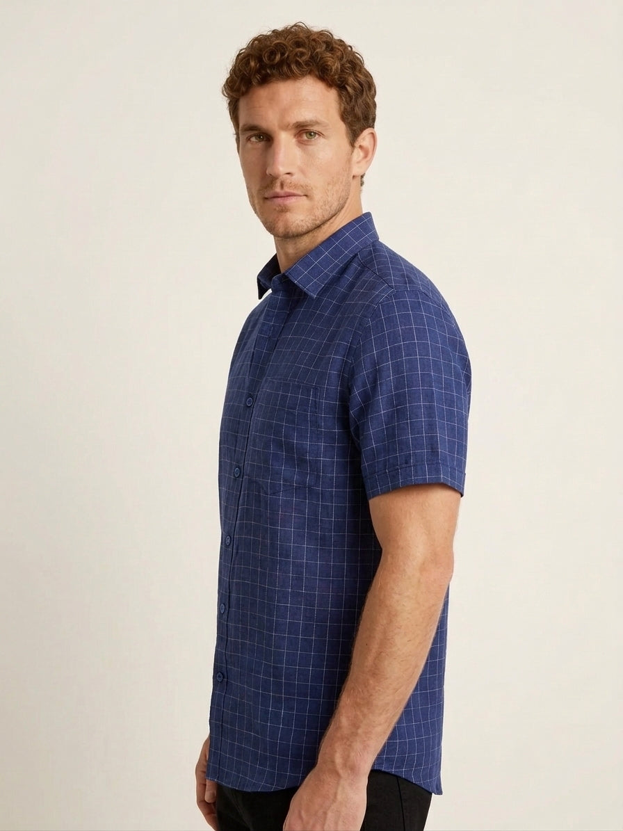 Navy Cotton Linen Regular Fit Half Sleeve Shirt