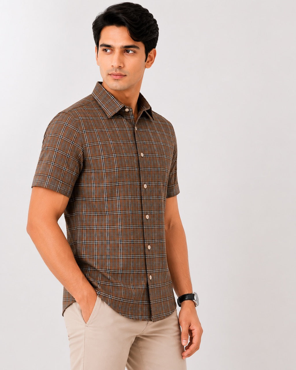 Men's Brown Checks Cotton Regular Fit Half Sleeve Formal Shirt |MARK & ALBERT