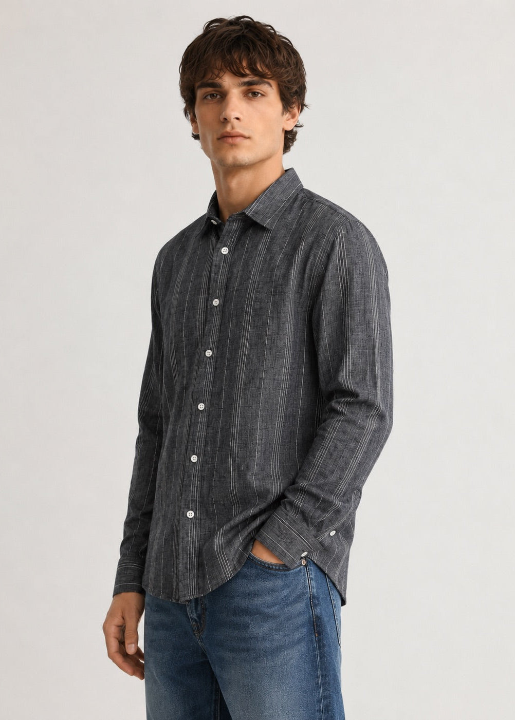 Men's Charcoal Grey Striped Cotton Linen Slim Fit Shirt | Mark & Albert