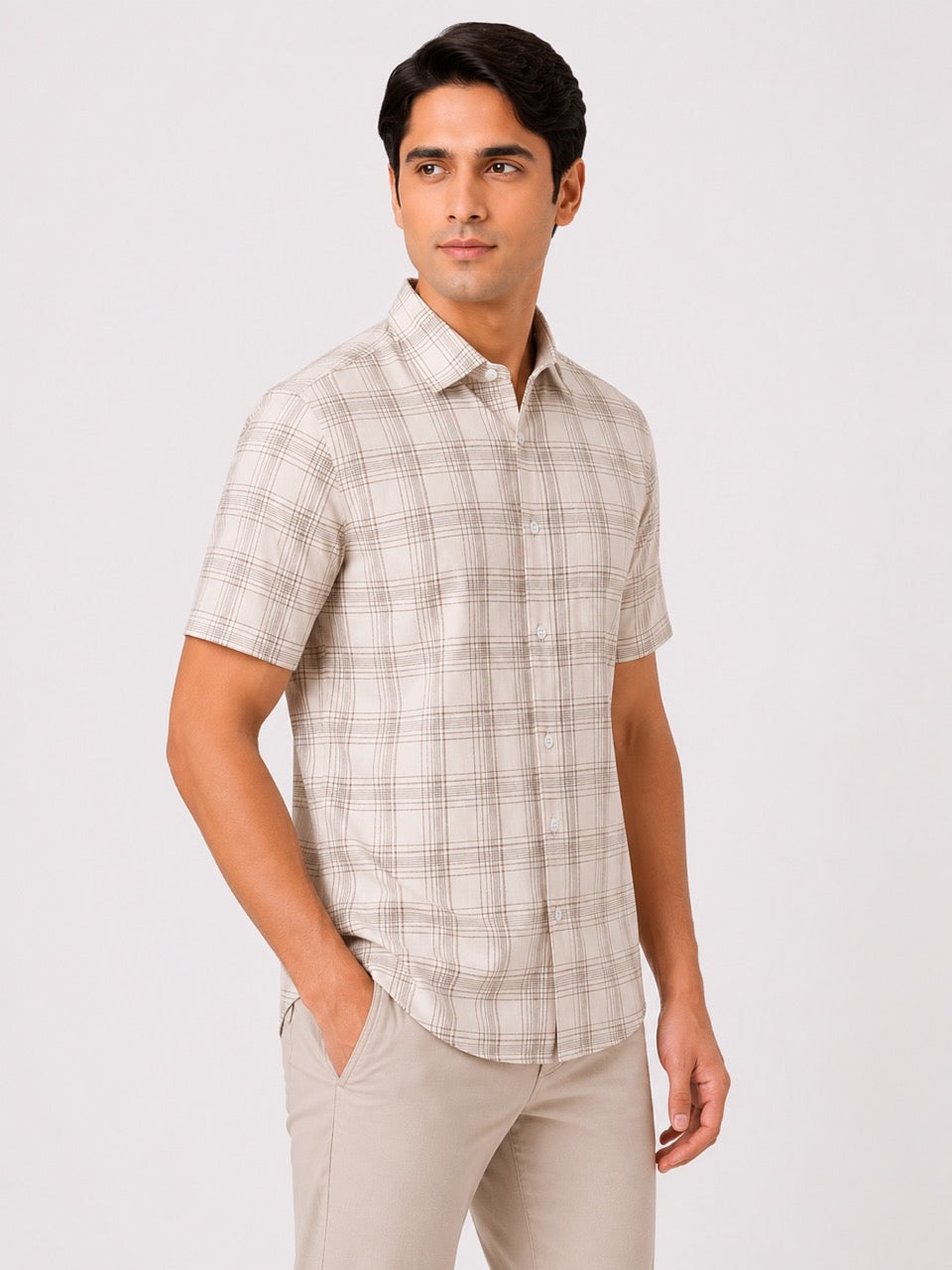Men's Cream Check Cotton Regular Fit Half Sleeve Formal Shirt | MARK & ALBERT