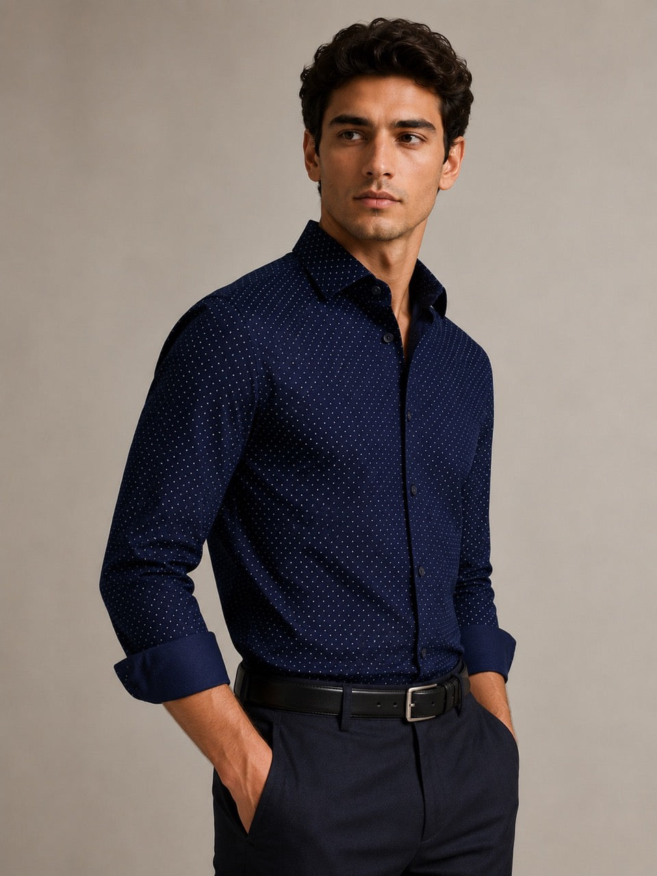 Men's Navy Blue 100% Cotton Dot Print Slim Fit Formal Shirt | MARK & ALBERT