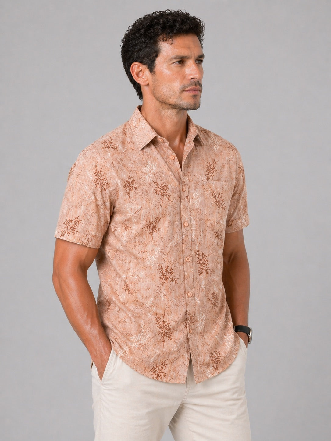Men’s Peach Printed Cotton Linen Slim Fit Half Sleeve Casual Shirt | MARK & ALBERT