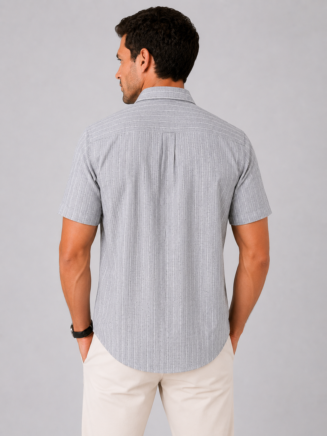 Men's Grey Striped Linen Cotton Blend Half Sleeve Formal Shirt | MARK & ALBERT