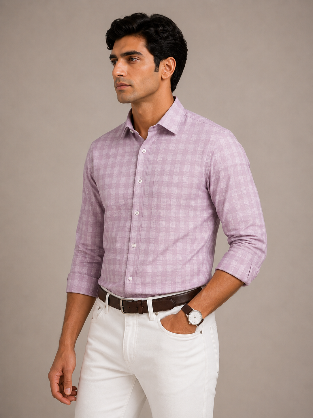 Men's Pink Herringbone Check Slim Fit 100% Cotton Shirt | MARK & ALBERT