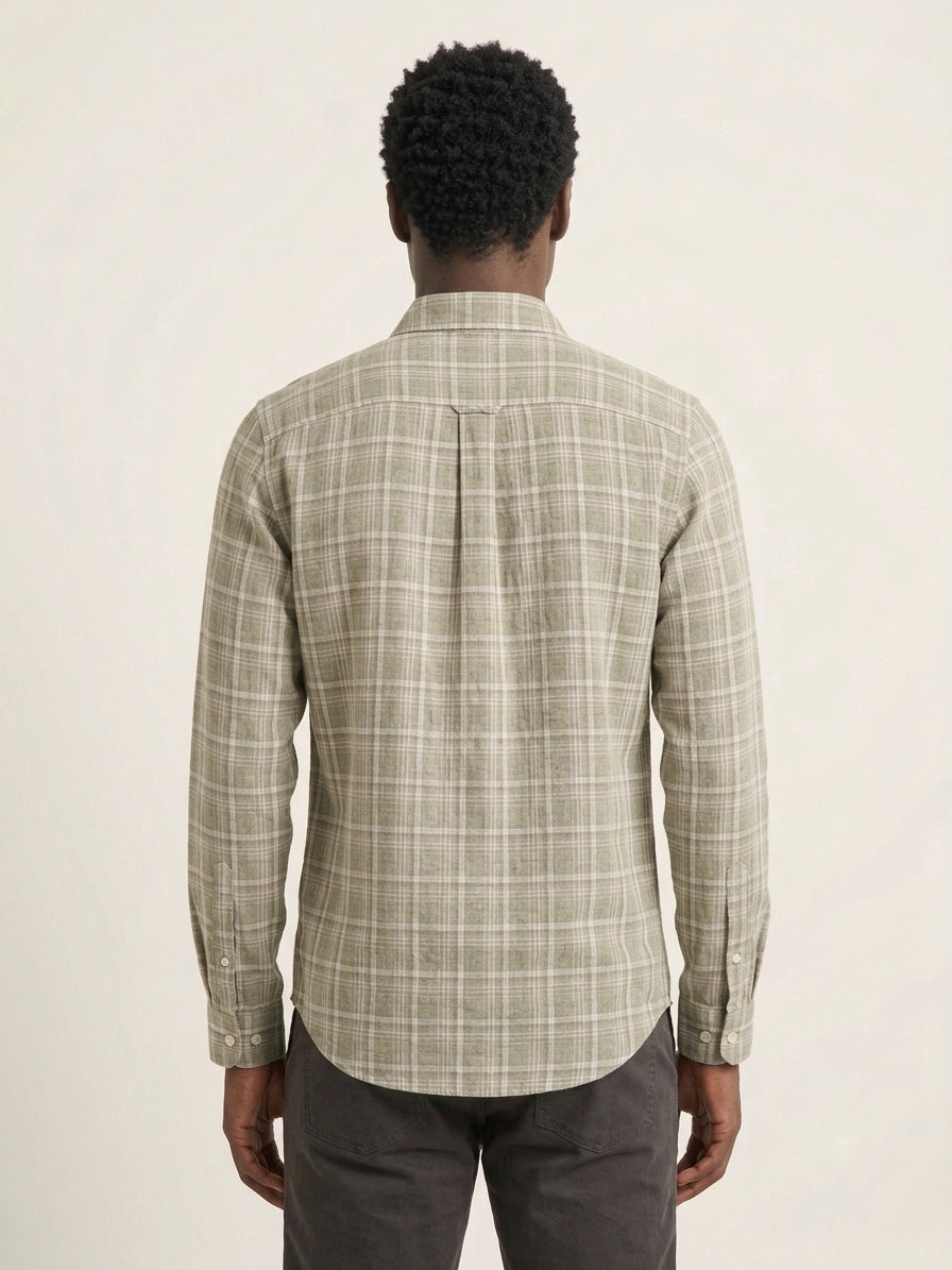 Green Checks Cotton Linen Slim Fit Casual Shirt