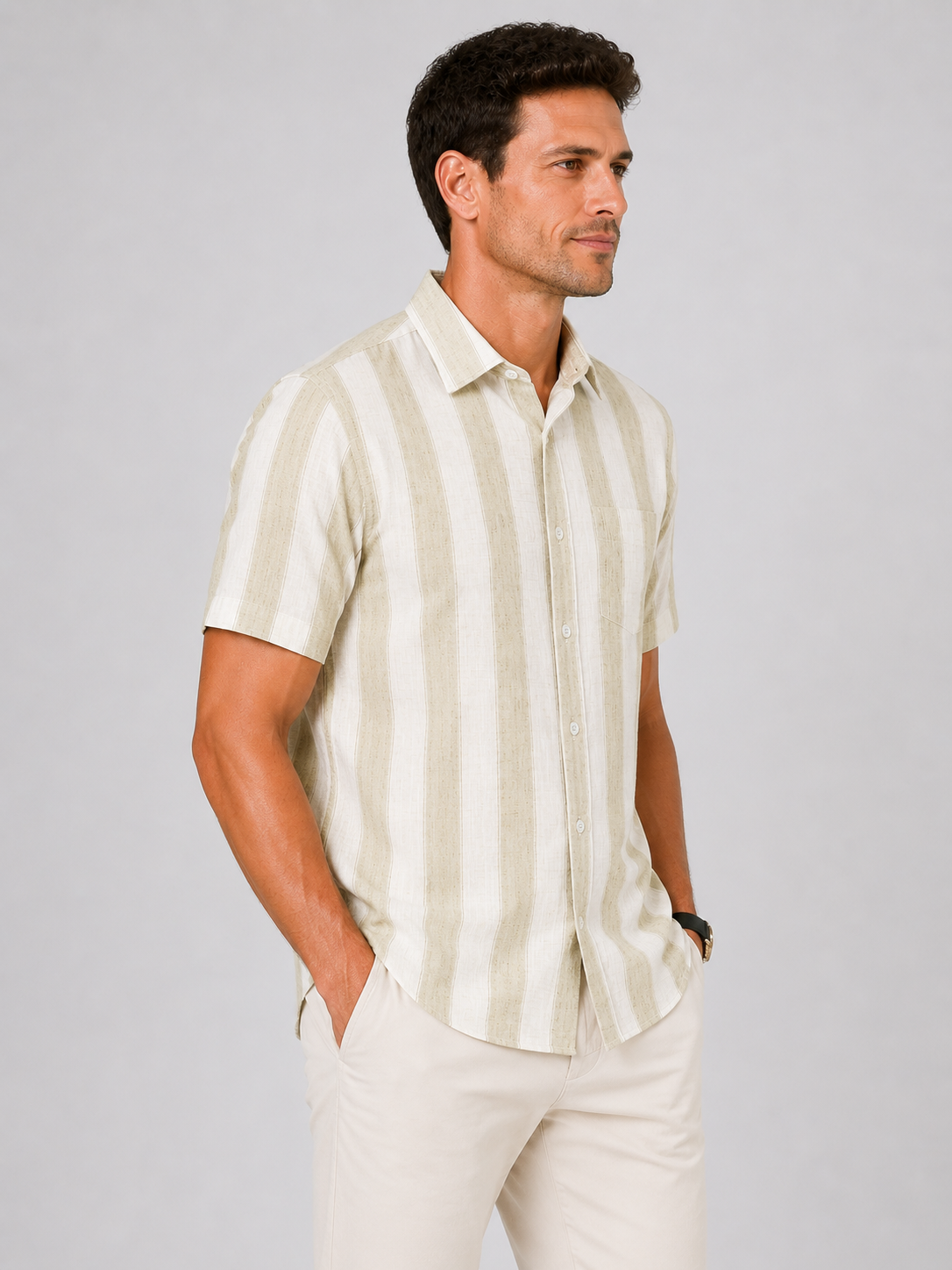 Men’s Beige Striped Linen Cotton Slim Fit Half Sleeve Semi Casual Shirt | MARK & ALBERT