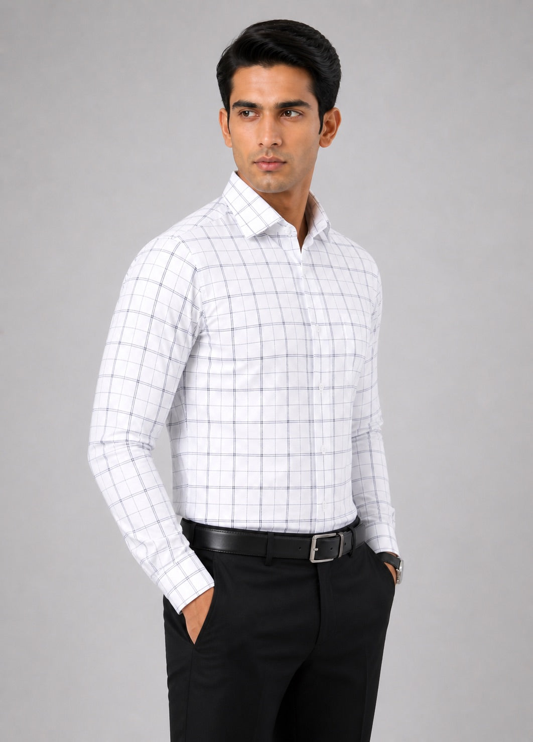 Men’s White Checkered 100% Cotton Slim Fit Formal Shirt | MARK & ALBERT