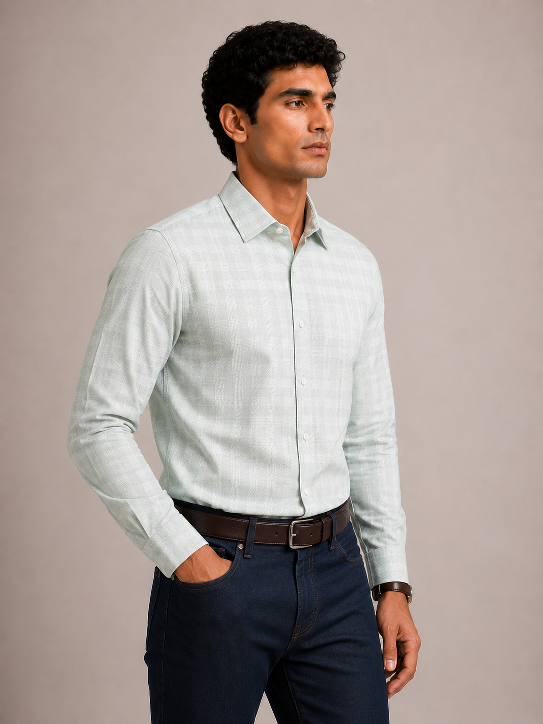 Men's Green Herringbone Check Slim Fit 100% Cotton Shirt | MARK & ALBERT