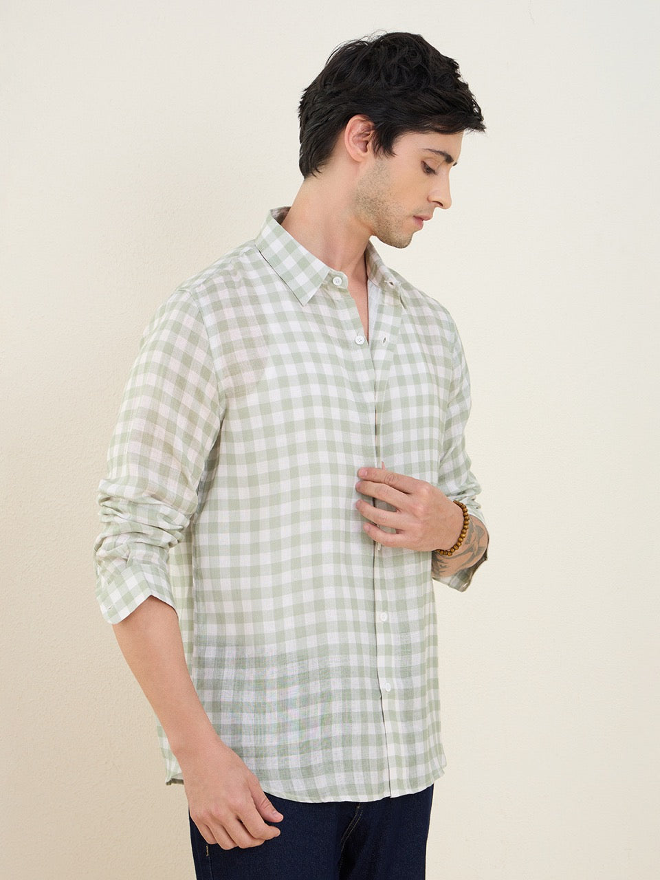 Men's Sage Green Pure Linen Gingham Check Slim Fit Casual Shirt | MARK & ALBERT