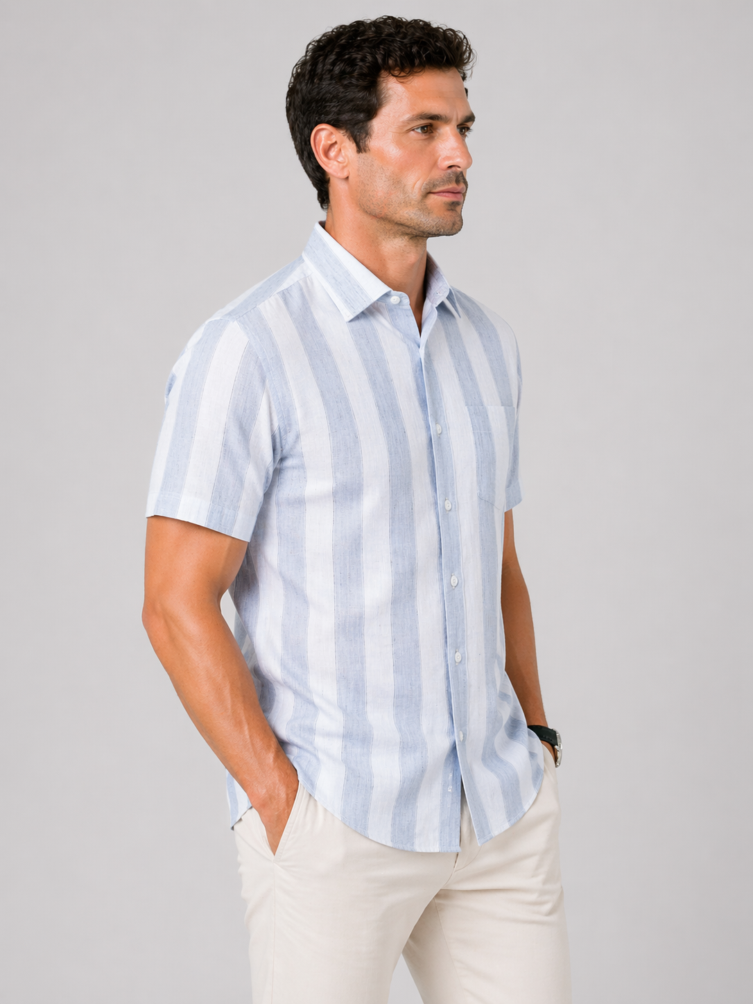 Men’s Grey Striped Linen Cotton Slim Fit Half Sleeve Semi Casual Shirt | MARK & ALBERT