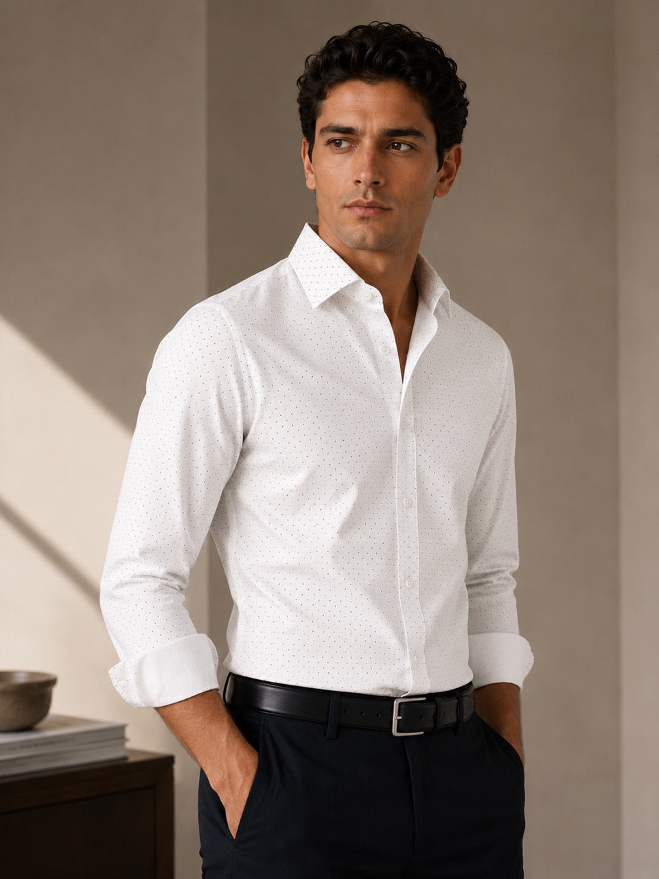 Men's White 100% Cotton Dot Print Slim Fit Formal Shirt | MARK & ALBERT