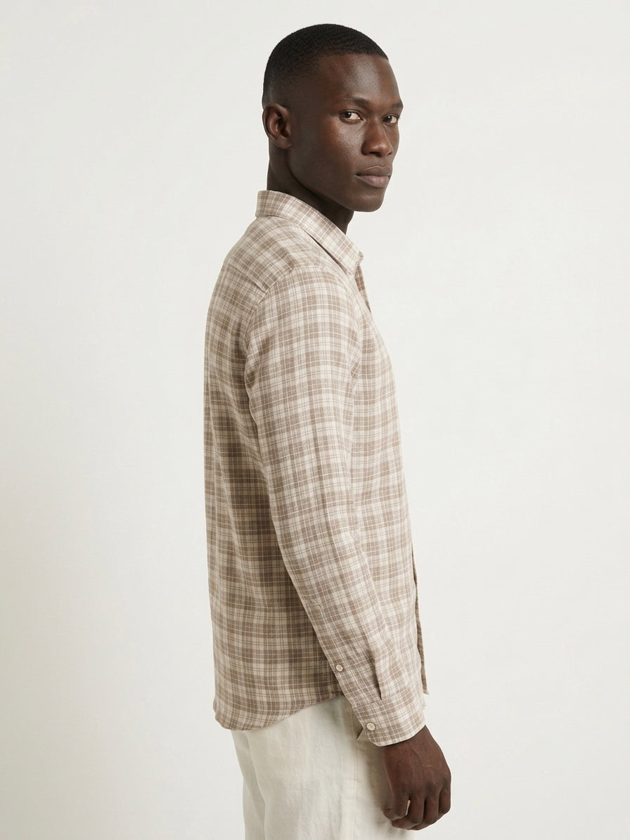 Brown Checks Cotton Linen Slim Fit Casual Shirt