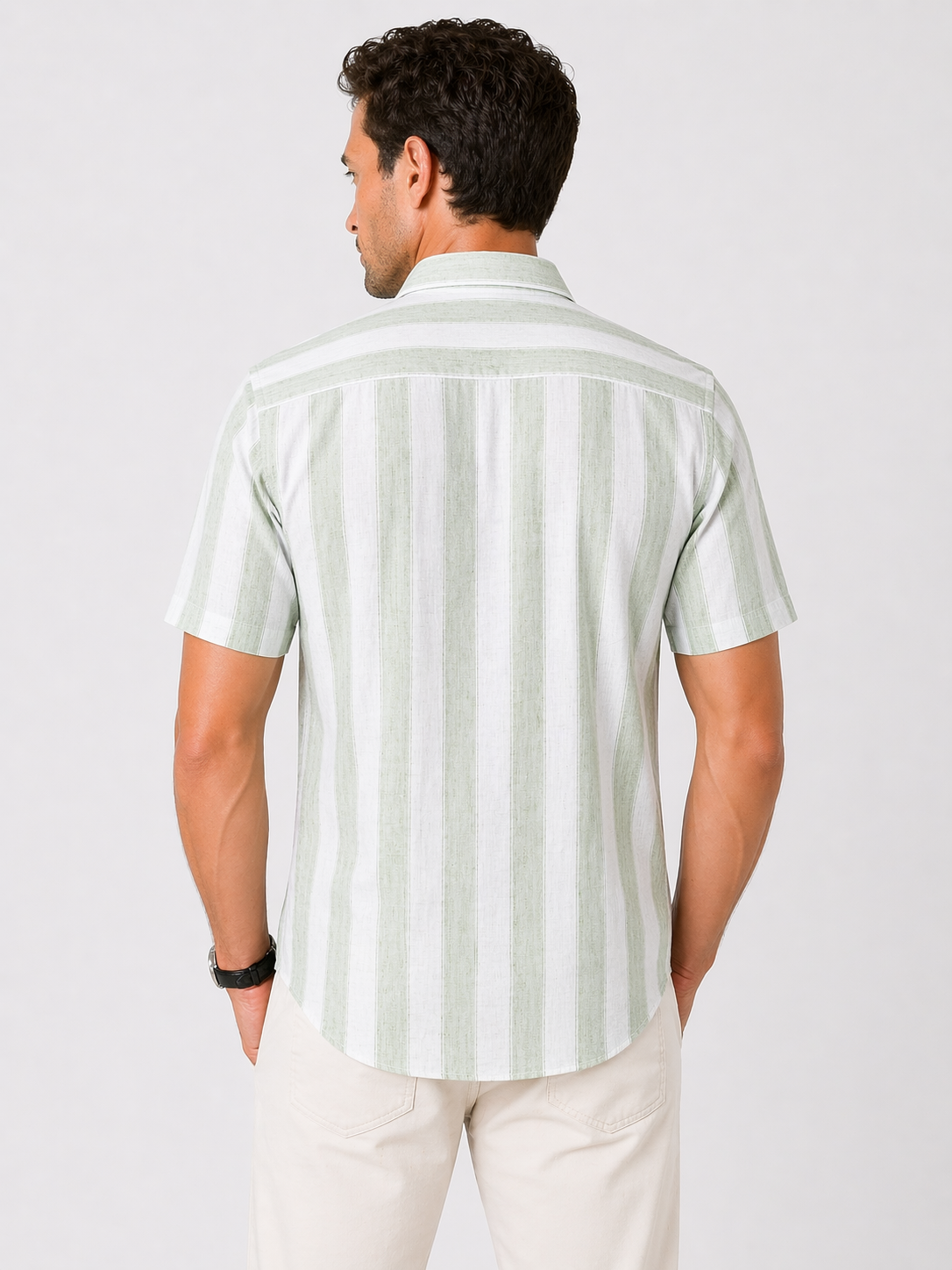 Men’s Sage Green Striped Linen Cotton Slim Fit Half Sleeve Semi Casual Shirt | MARK & ALBERT