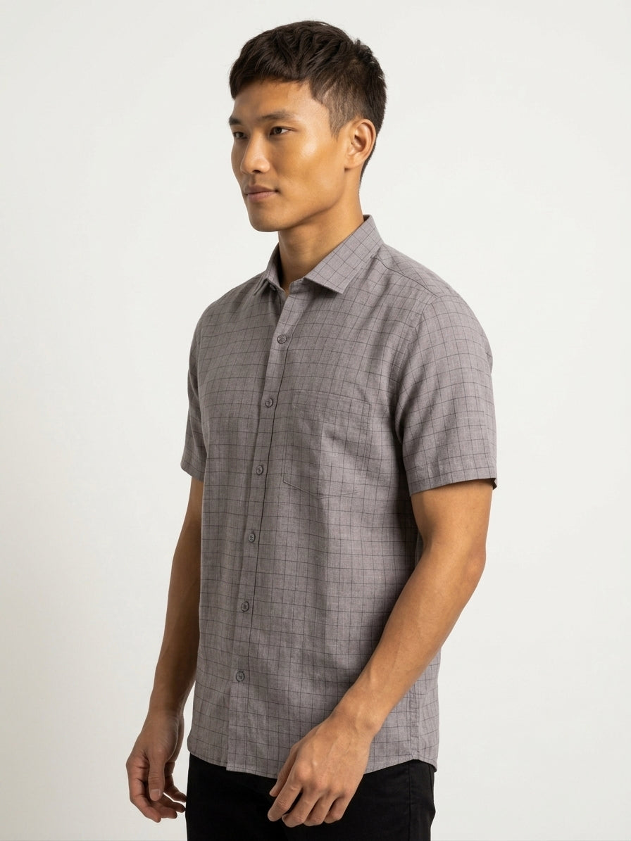 Grey Cotton Linen Regular Fit Half Sleeve Shirt