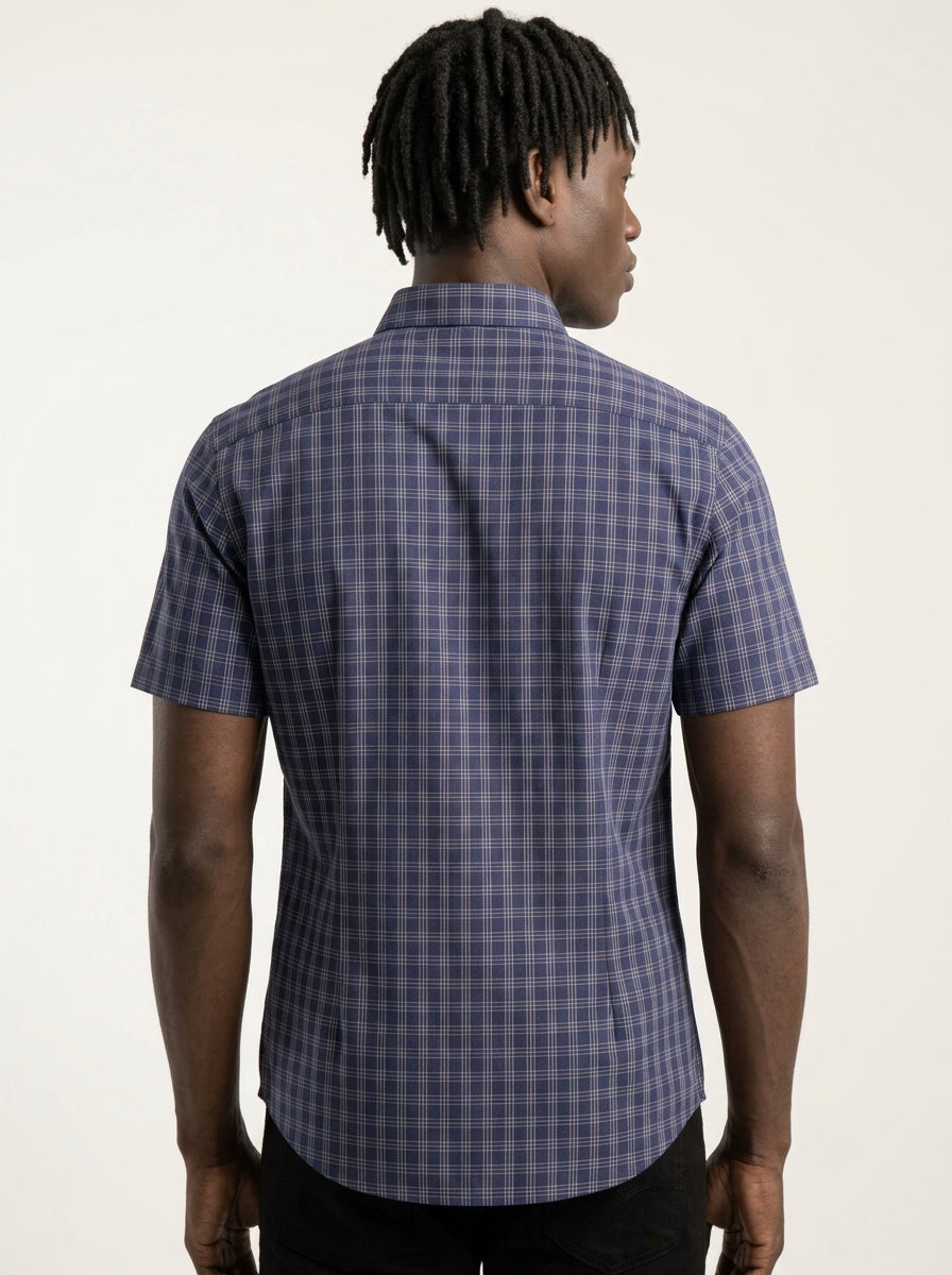 Blue Check Cotton Blend Regular Fit Half Sleeve Shirt