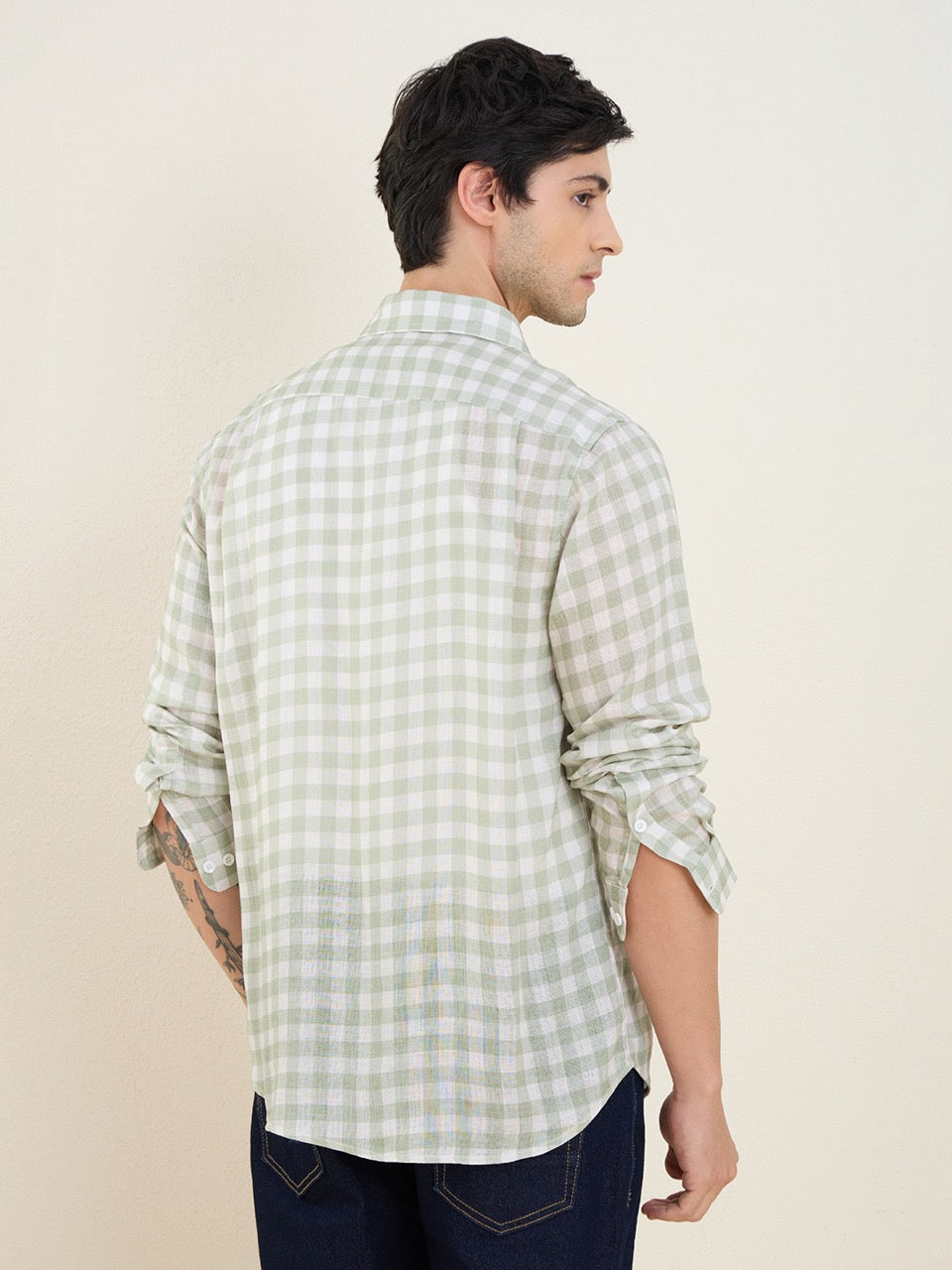 Men's Sage Green Pure Linen Gingham Check Slim Fit Casual Shirt | MARK & ALBERT