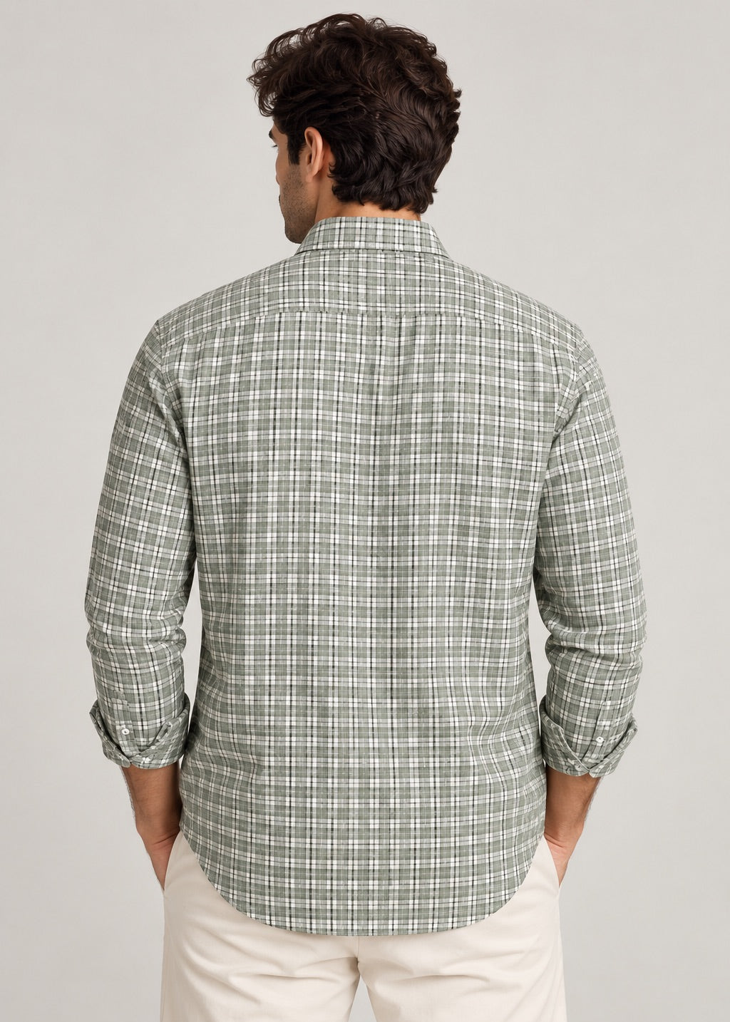 Men's Sage Green Checks Cotton Linen Slim Fit Casual Shirt | MARK & ALBERT
