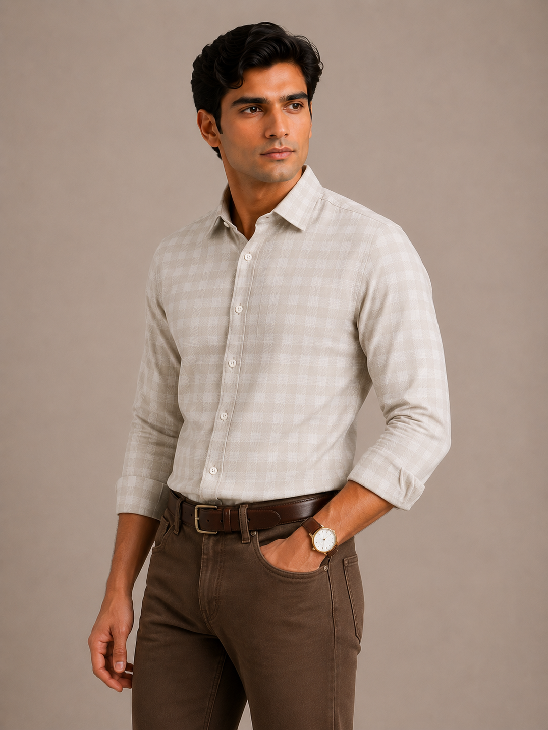 Men's Beige Herringbone Check Slim Fit 100% Cotton Shirt | MARK & ALBERT