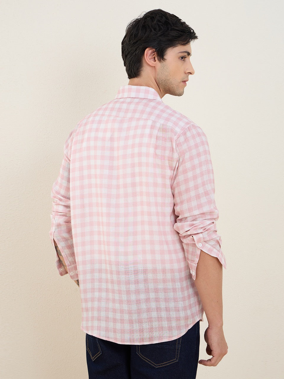 Men's Pink Check Pure Linen Slim Fit Casual Shirt | MARK & ALBERT