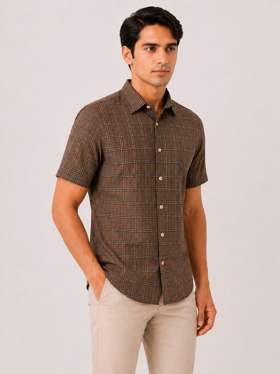 Men's Brown Checks Cotton Regular Fit Half Sleeve Formal Shirt |MARK & ALBERT