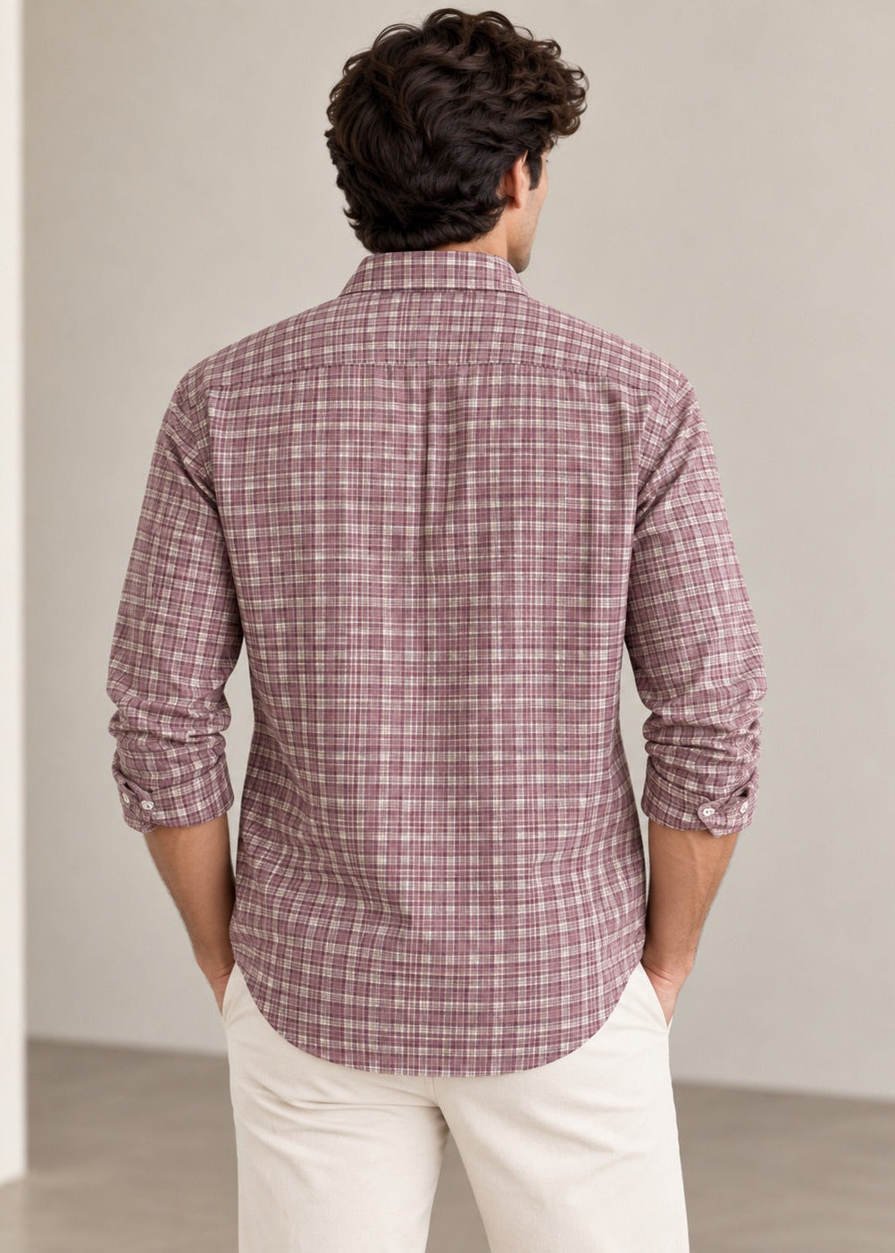 Men's Pink Checks Cotton Linen Slim Fit Casual Shirt | MARK & ALBERT