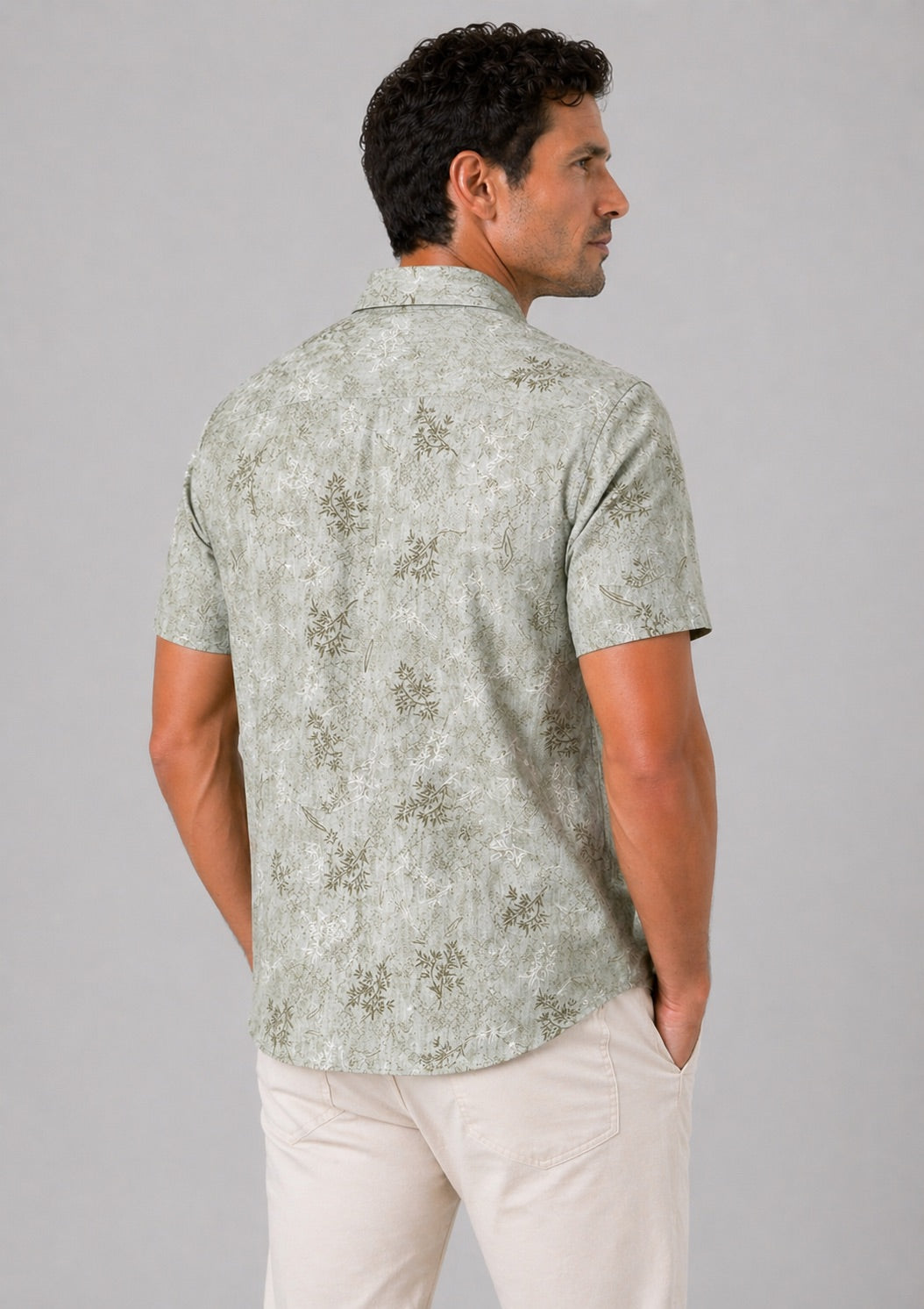 Men’s Sage Green Printed Cotton Linen Slim Fit Half Sleeve Casual Shirt | MARK & ALBERT