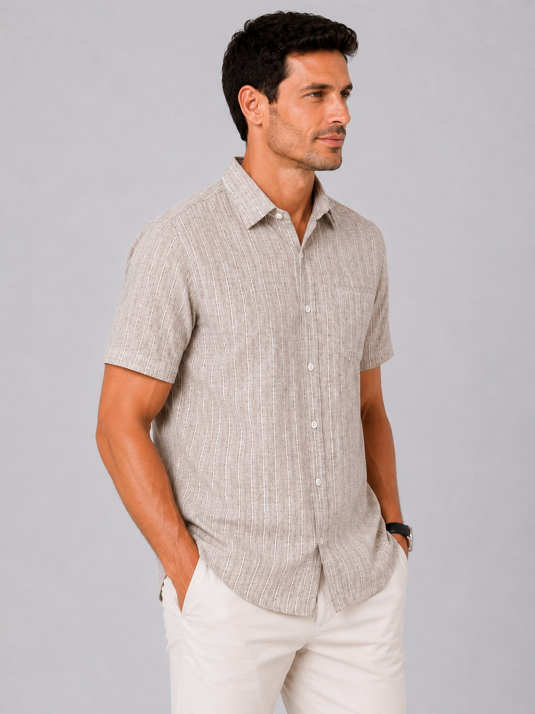 Men's Beige Striped Linen Cotton Blend Half Sleeve Formal Shirt | MARK & ALBERT