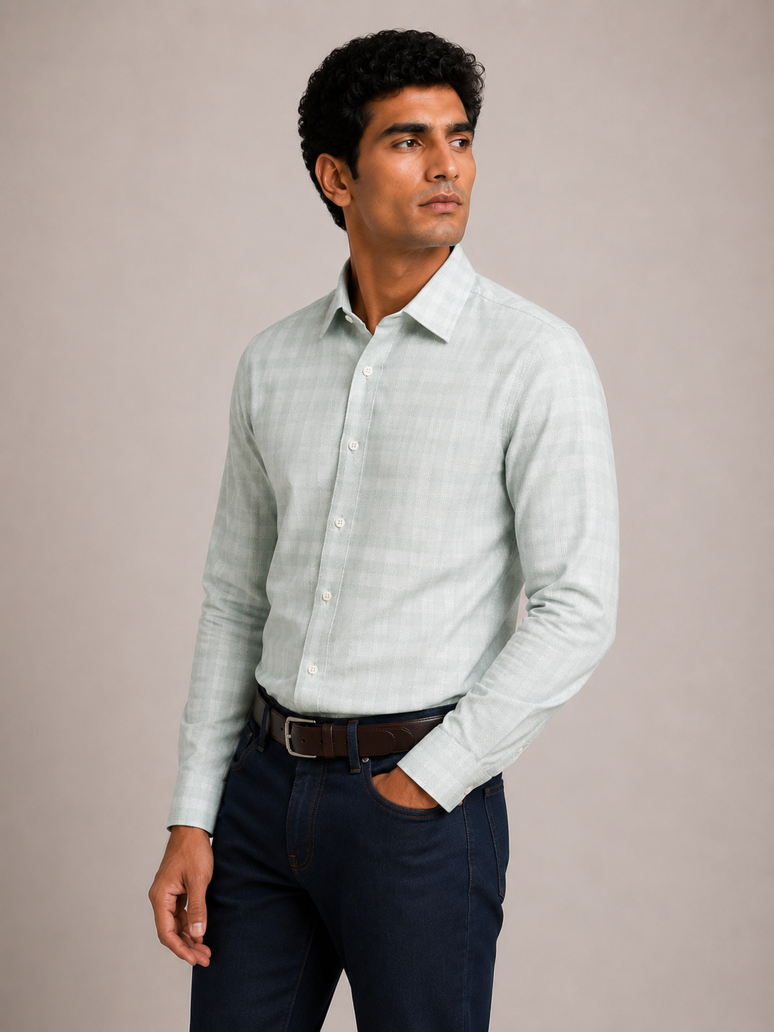 Men's Green Herringbone Check Slim Fit 100% Cotton Shirt | MARK & ALBERT