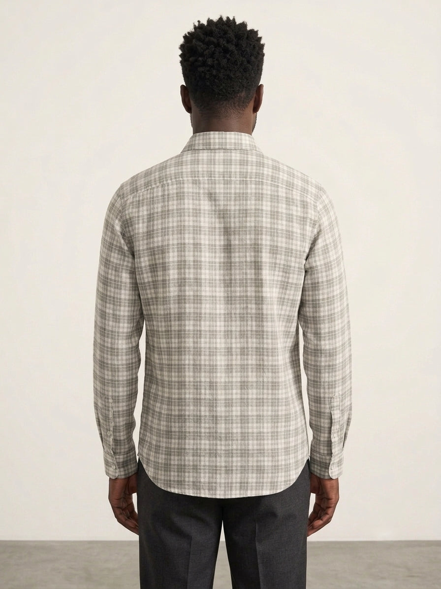 Green Checks Cotton Linen Slim Fit Casual Shirt