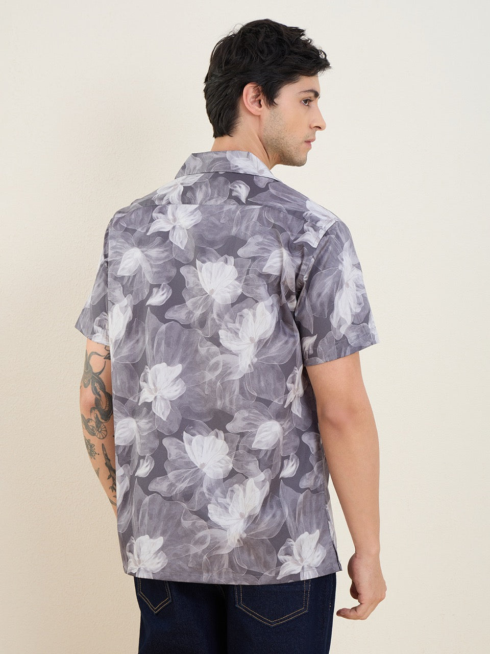 Men's Grey Floral Print 100% Cotton Cuban Collar Regular Fit Casual Shirt | MARK & ALBERT