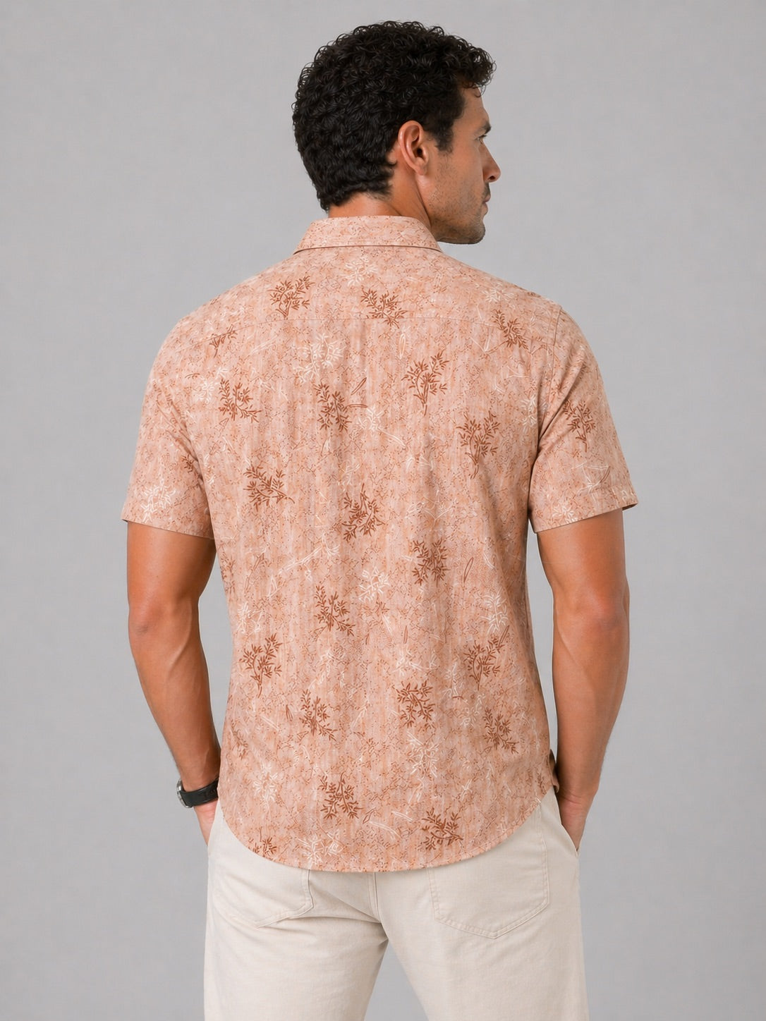 Men’s Peach Printed Cotton Linen Slim Fit Half Sleeve Casual Shirt | MARK & ALBERT