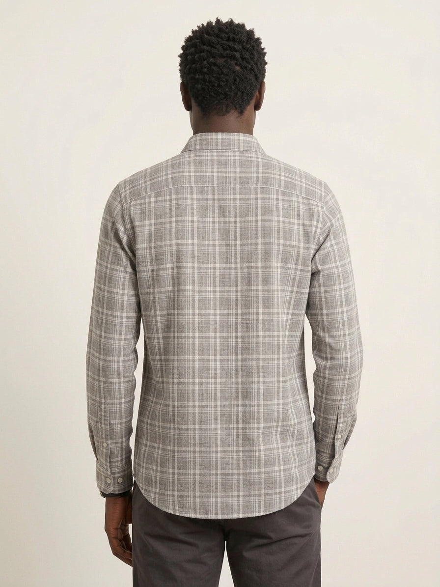 Grey Checks Cotton Linen Slim Fit Casual Shirt
