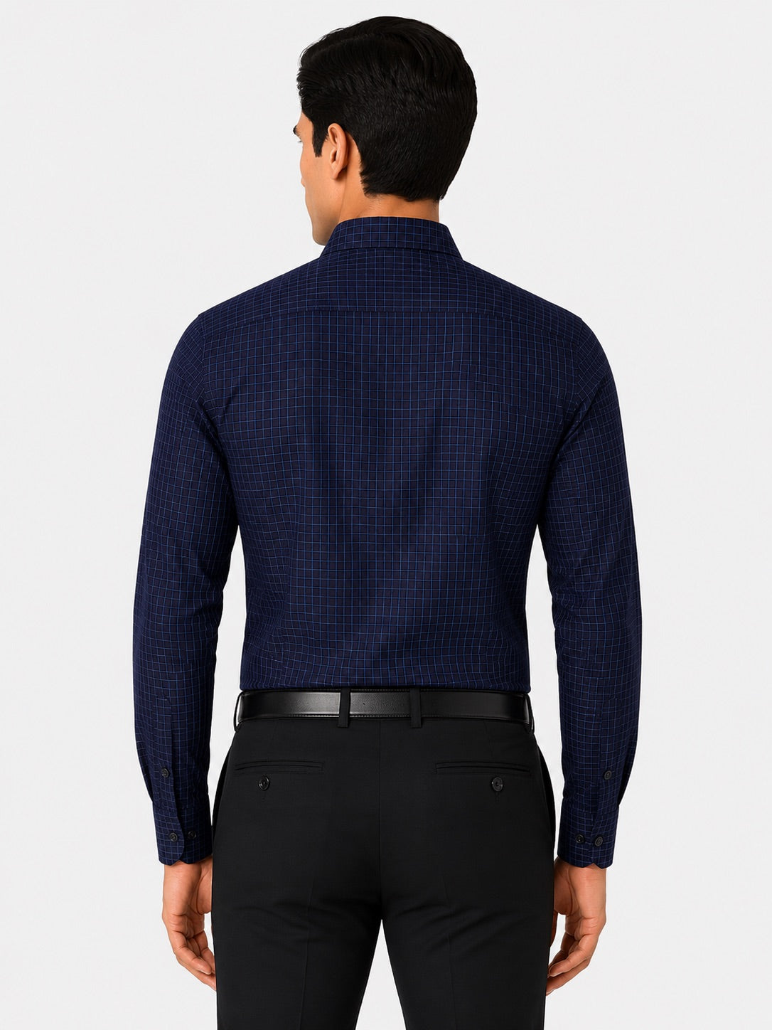 Men’s Navy Gingham Check 100% Cotton Slim Fit Formal Shirt | MARK & ALBERT