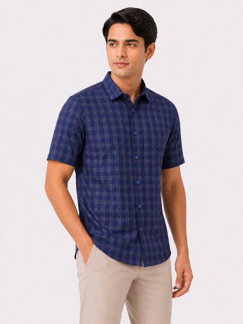 Men's Blue Check Cotton Regular Fit Half Sleeve Formal Shirt | MARK & ALBERT