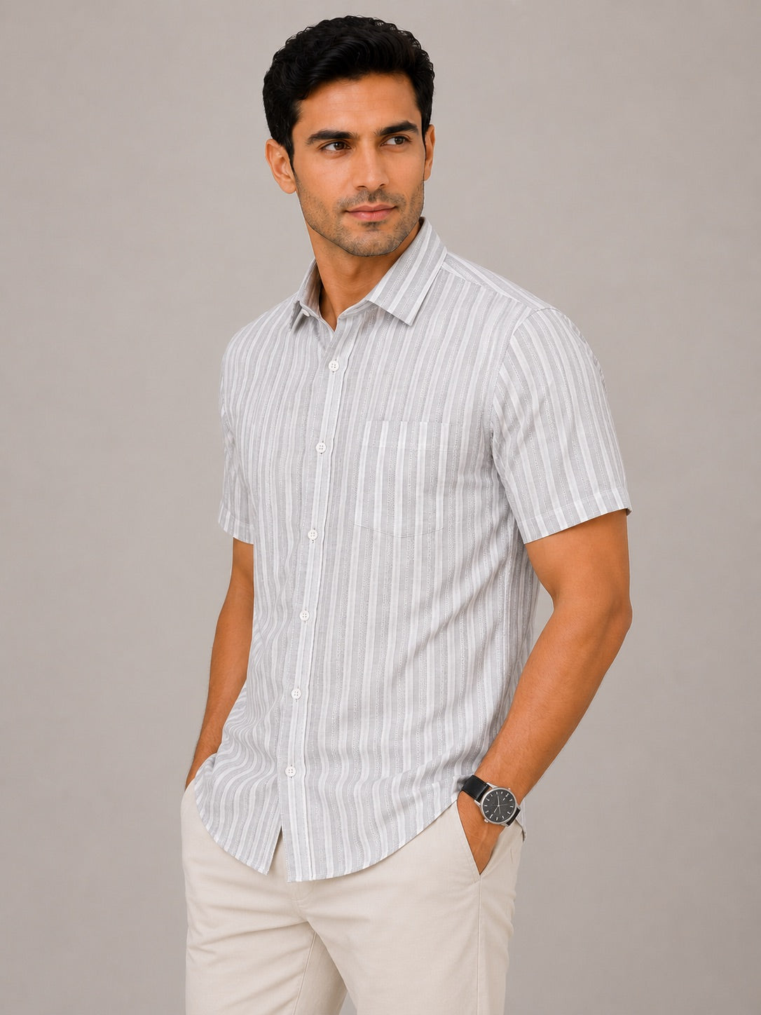 Men's Grey Striped Linen Cotton Blend Half Sleeve Formal Shirt | MARK & ALBERT