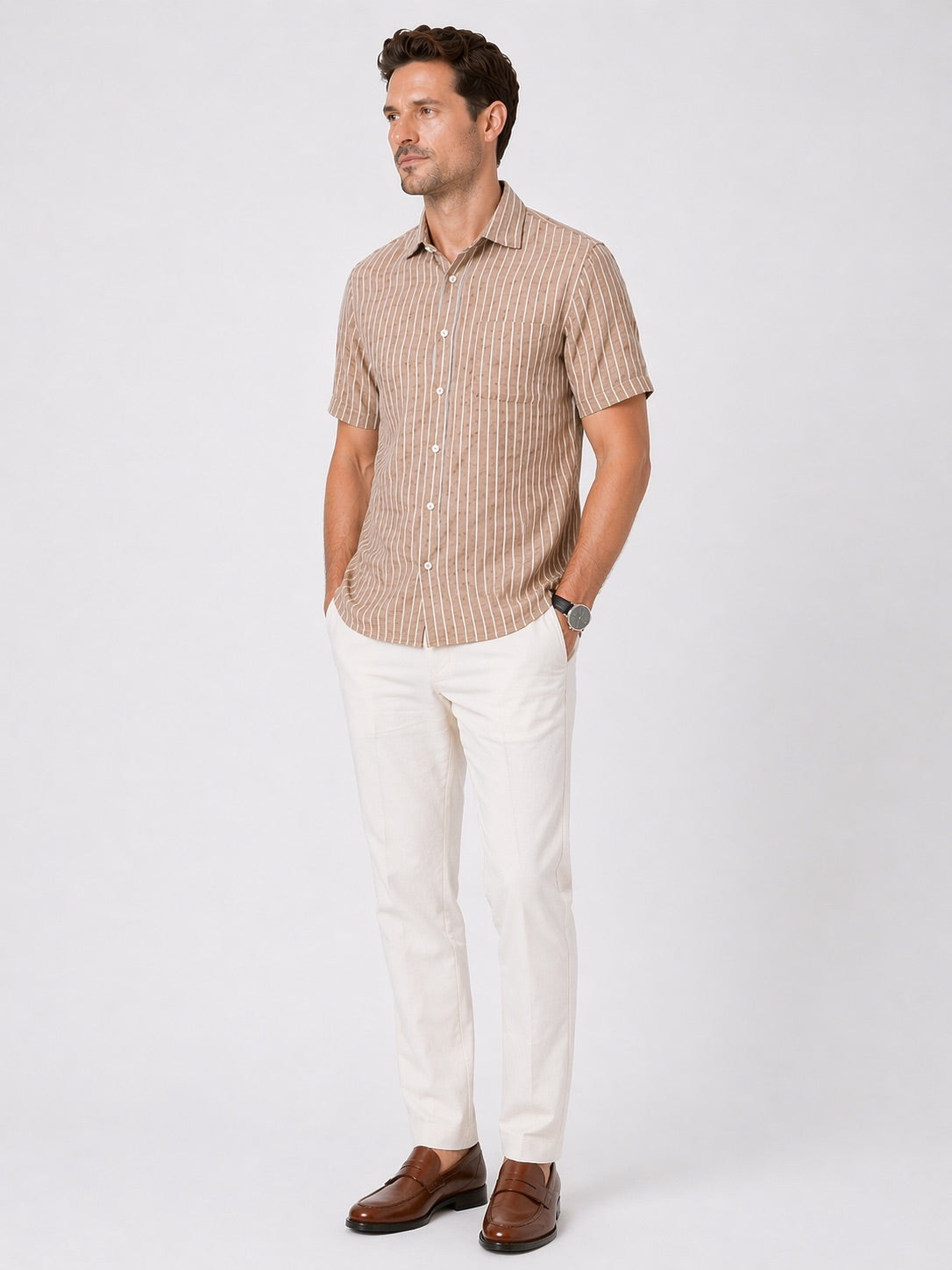 Men’s Brown Striped Shirt Linen Cotton Blend Slim Fit Semi Casual Half Sleeve Shirt | MARK & ALBERT