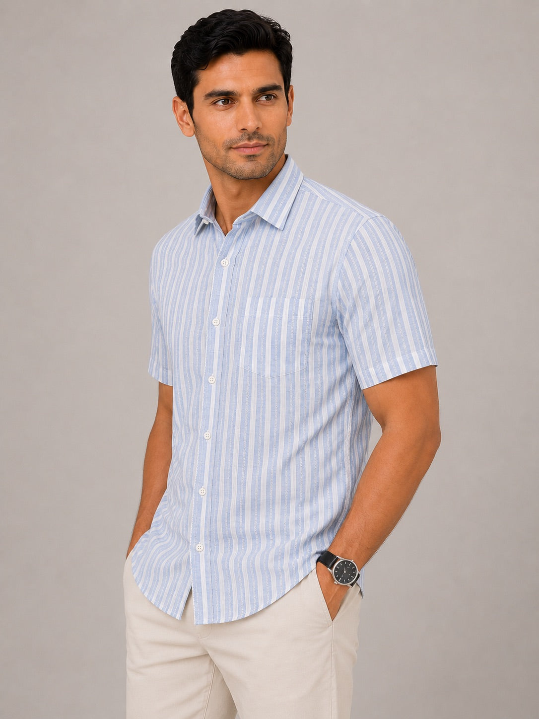 Men's Blue Striped Linen Cotton Blend Half Sleeve Formal Shirt | Regular Fit
