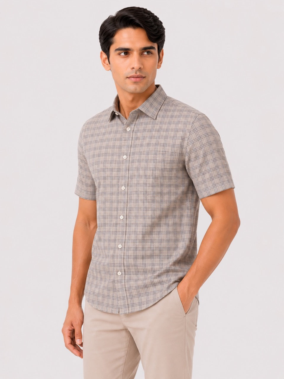 Men's Grey Check Cotton Regular Fit Half Sleeve Formal Shirt | MARK & ALBERT