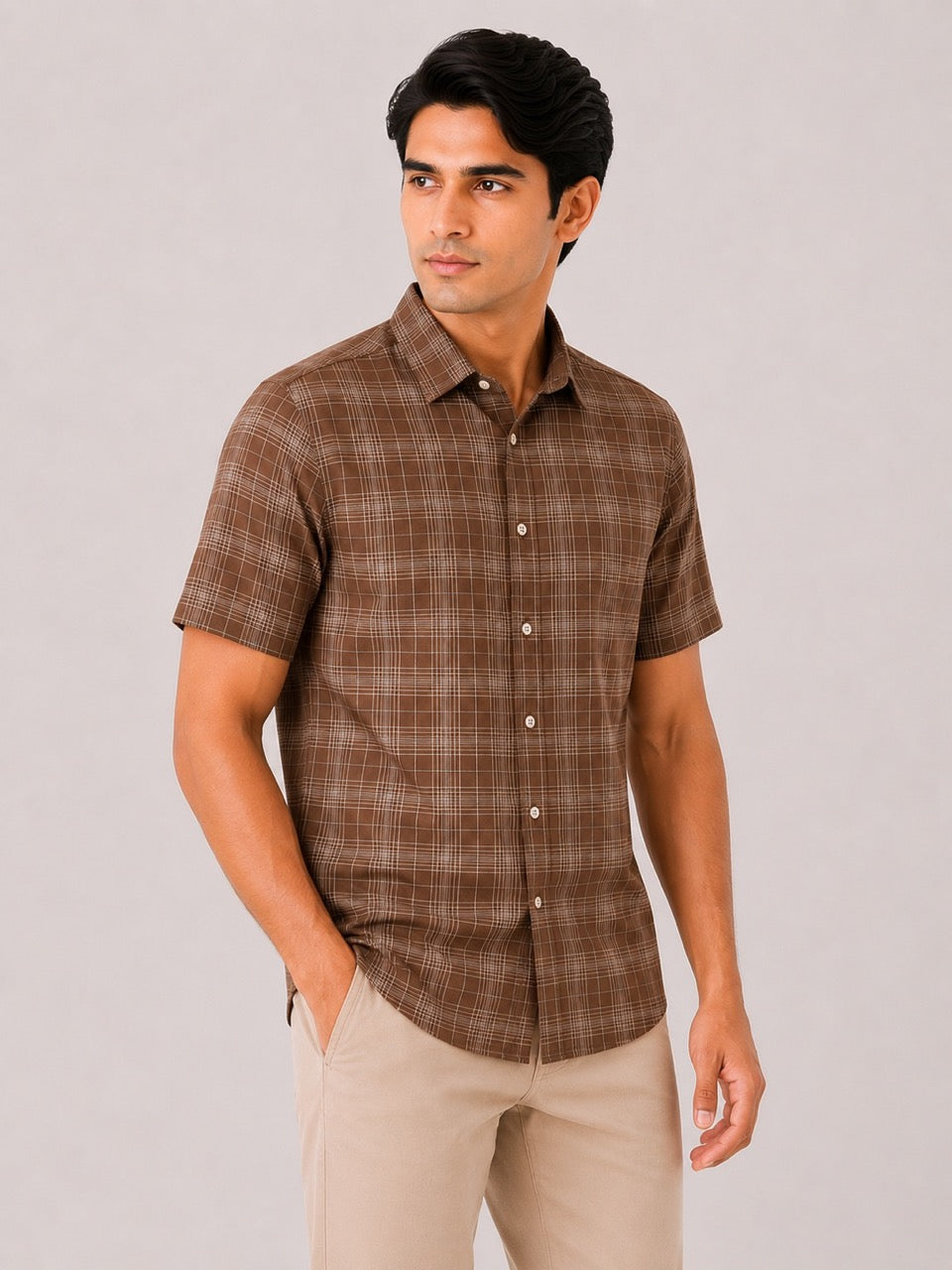 Men's Brown Check Cotton Regular Fit Half Sleeve Formal Shirt | MARK & ALBERT