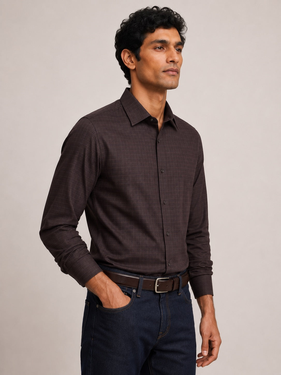 Men's Brown Checkered Slim Fit 100% Cotton Shirt | MARK & ALBERT