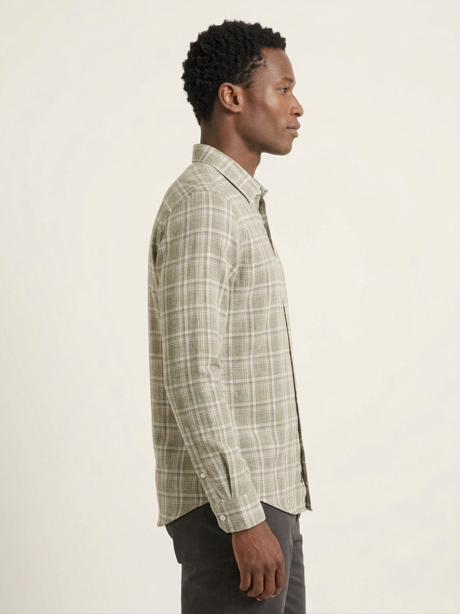 Green Checks Cotton Linen Slim Fit Casual Shirt