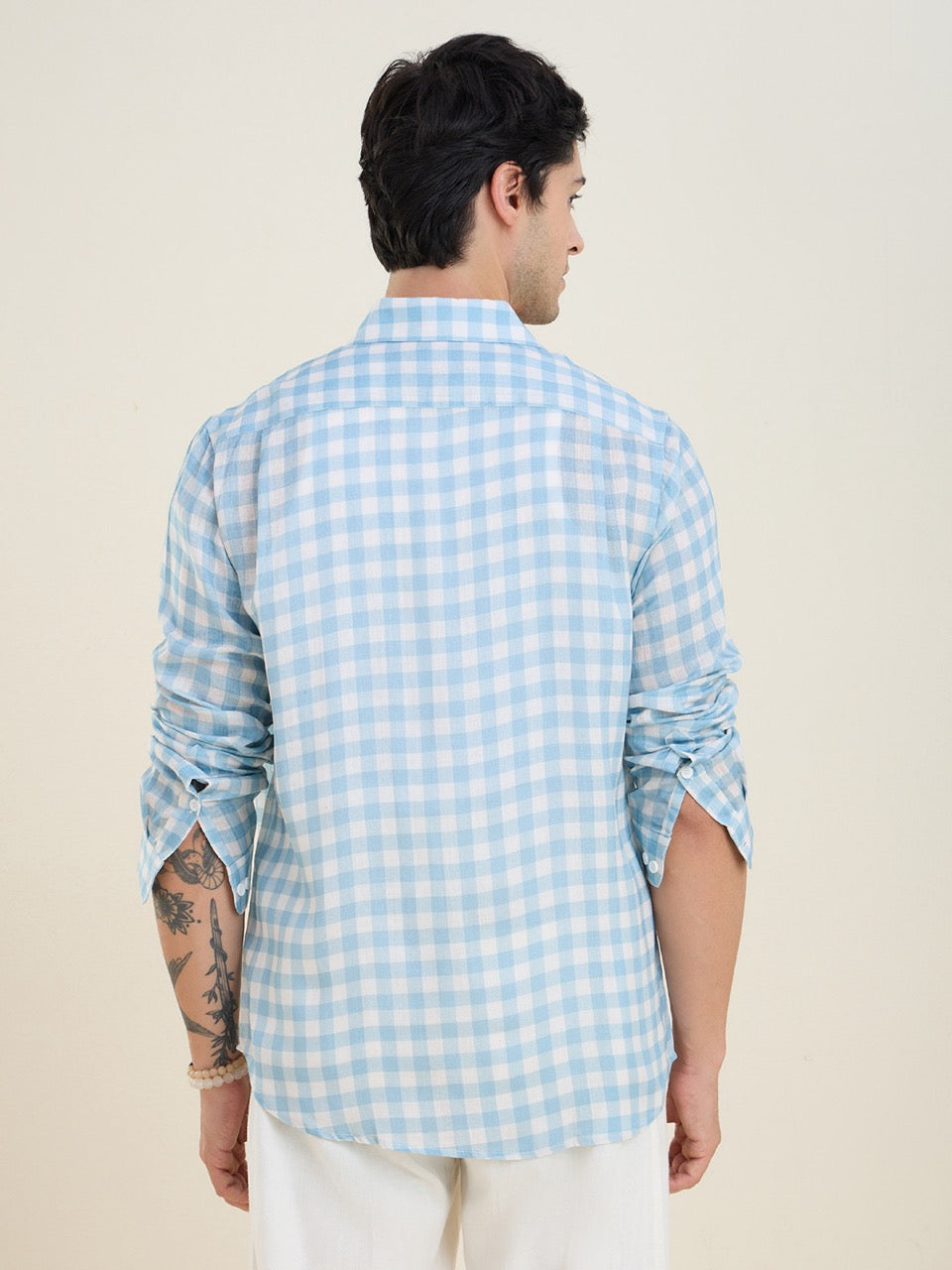 Men's Blue Pure Linen Gingham Check Slim Fit Casual Shirt | MARK & ALBERT