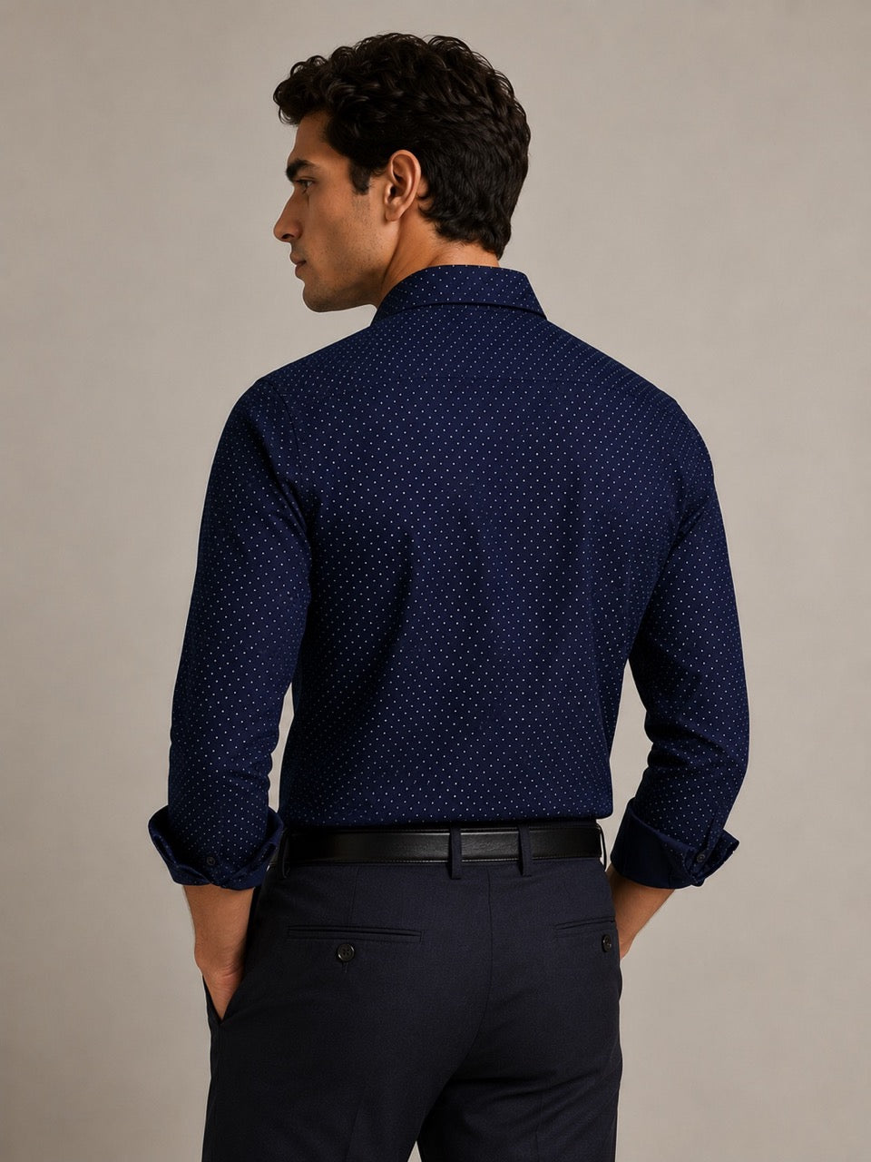 Men's Navy Blue 100% Cotton Dot Print Slim Fit Formal Shirt | MARK & ALBERT